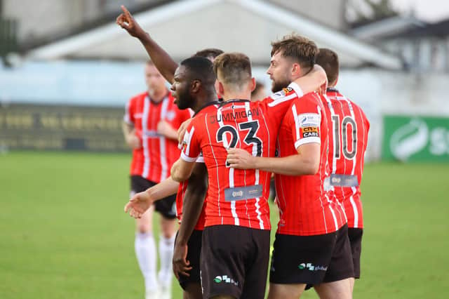 Striker James Akintunde celebrates scoring his fifth goal in five games, to give Derry City the lead at Drogheda United.