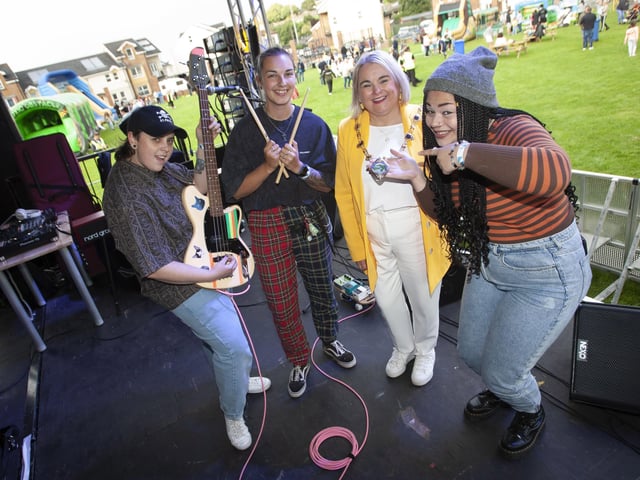 One of the up-and-coming young bands Cherym pictured with Mayor, Sandra Duffy before playing at Saturday night's Grand Finale of the Gasyard Feile.