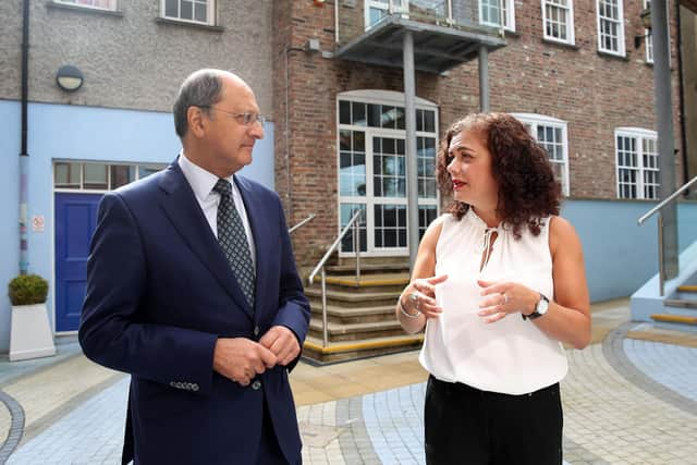 Shailesh Vara talks with Roisin McLaughlin, Manager of North West Community Network.