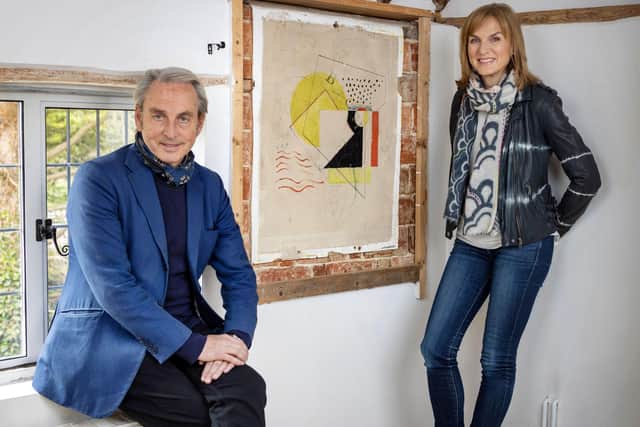 Philip Mould and Fiona Bruce at Red Stream Cottage with possible Ben Nicholson wall painting