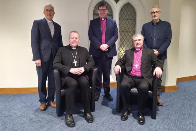 The Church Leaders’ Group (Ireland) – left to right: The Right Reverend Dr John Kirkpatrick, Moderator of the General Assembly of the Presbyterian Church in Ireland, Right Reverend Andrew Forster, President of the Irish Council of Churches, Reverend David Nixon, President of the Methodist Church in Ireland. Seated (left to right) The Most Reverend Eamon Martin, Roman Catholic Archbishop of Armagh and Primate of All Ireland and the Most Reverend John McDowell, Church of Ireland Archbishop of Armagh and Primate of All Ireland