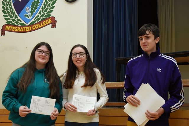 Amber Sweeney, Jamie Leigh Parkhill and Daniel Martin pictured after receiving their GCSE results at Oakgrove Integrated College on Thursday morning.