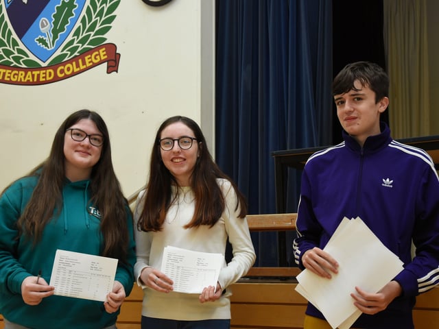 Amber Sweeney, Jamie Leigh Parkhill and Daniel Martin pictured after receiving their GCSE results at Oakgrove Integrated College on Thursday morning.