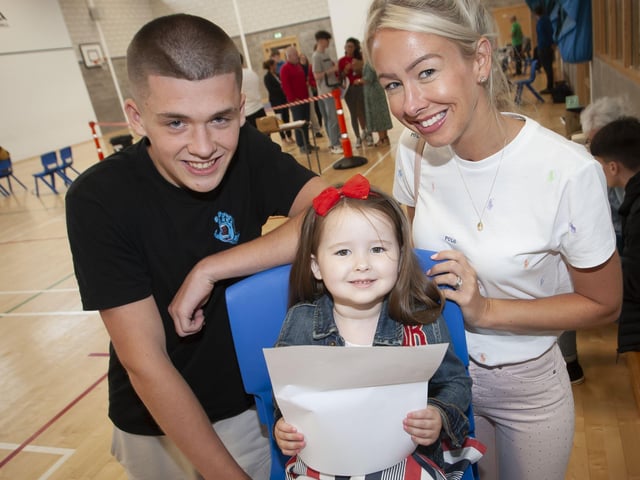 BIG BROTHER DID WELL!. . . .Little Penny Bradley (3) checks out big brother Davinâ€TMs GCSE results at St. Columbâ€TMs College on Thursday morning. Included is mum Emma.