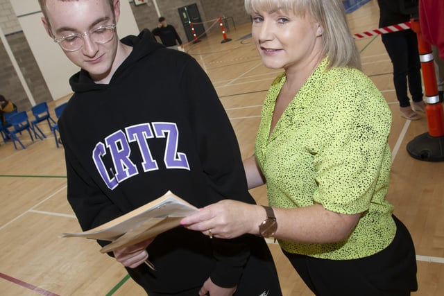 Benny Canning and mum Michelle pictured after getting his results at St. Columbâ€TMs College.