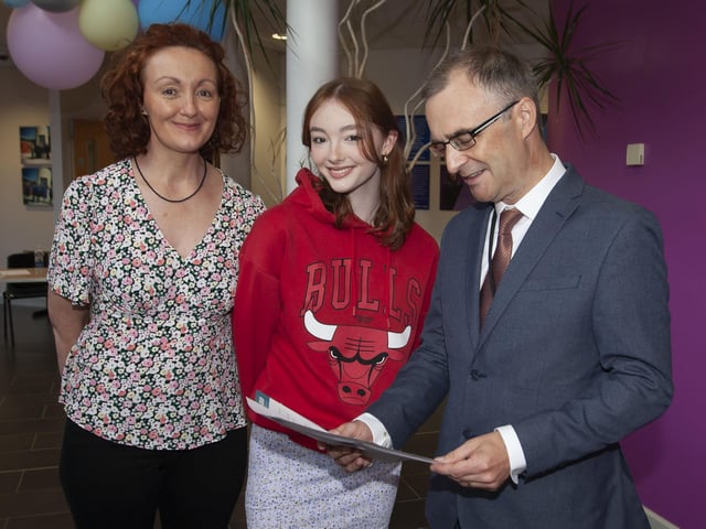 Mr. Brendan McGinn, Principal, St . Maryâ€TMs College pictured checking results with Abagail Deely and her mum Gabrielle at the school on Thursday morning.