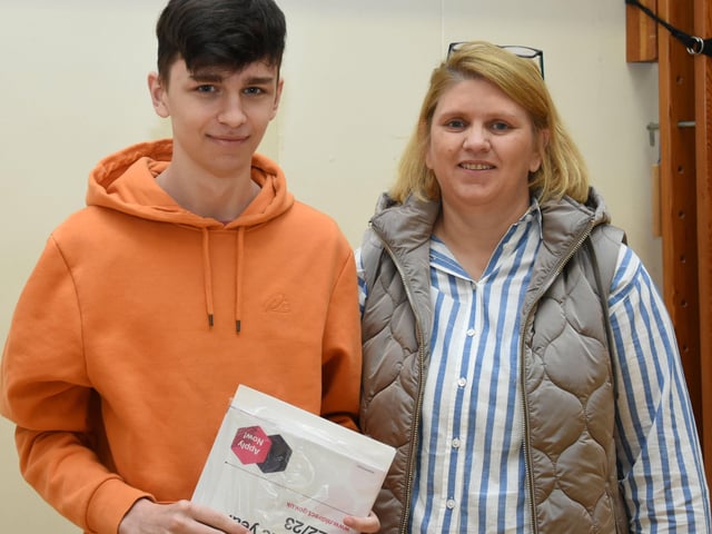 Oakgrove Integrated College GCSE student Kelvin Diver pictured with his mum Julie after picking up his results at the school on Thursday morning.