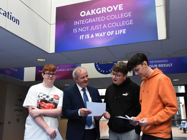 Mr. John Harkin, Principal Designate at Oakgrove Integrated College congratulating students on their results on Thursday morning.