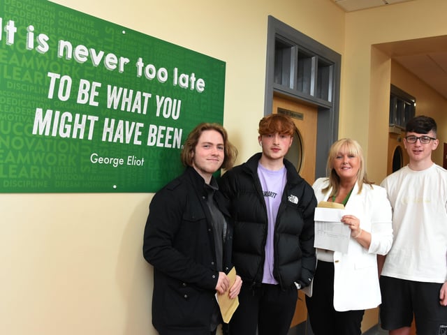 St. Josephâ€TMs Boys School Principal, Mrs. Ciara Deane pictured with GCSE students who received their results on Thursday morning. From left, Daimhin Parkhill, Gerard Meehan and Ben McGlinchey.