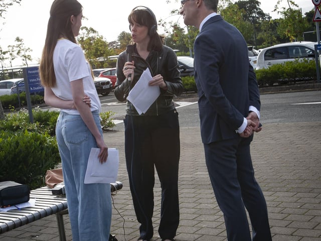 Mr. Brendan McGinn, Principal, St. Maryâ€TMs College and one of his pupils being interviewed at the school early on Thursday morning as this yearâ€TMs GCSE results were released.