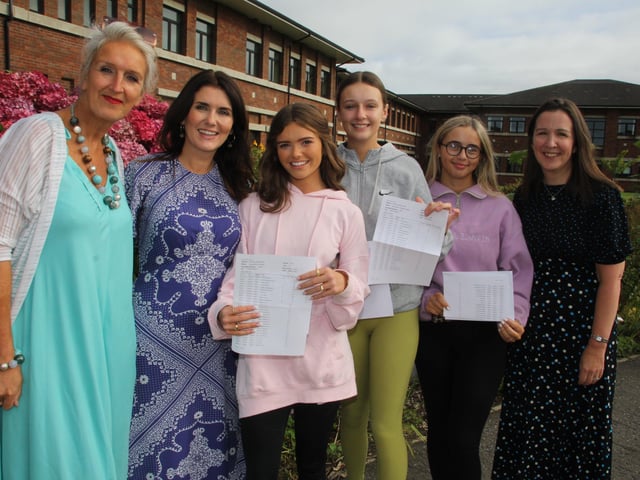 Thornhill students receiving their grades on Thursday, with principal Ms Sharon Mallett and staff.