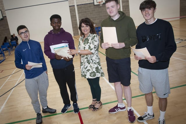 Mrs. Noeleen Barr, Head of Year 12 pictured with GCSE students who received their results at St. Columbâ€TMs College on Thursday morning. From left are Dylan Oâ€TMHara, John Akhionbare, Emmett McGuinness and Ryan McLaughlin.