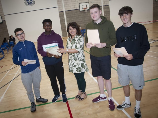 Mrs. Noeleen Barr, Head of Year 12 pictured with GCSE students who received their results at St. Columbâ€TMs College on Thursday morning. From left are Dylan Oâ€TMHara, John Akhionbare, Emmett McGuinness and Ryan McLaughlin.