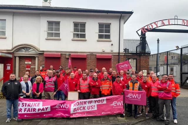 Foyle MLA Ciara Ferguson ,Cllr Sandra Duffy ,Cllr Christopher Jackson joined postal workers on the picket line at the Derry sorting office this morning.