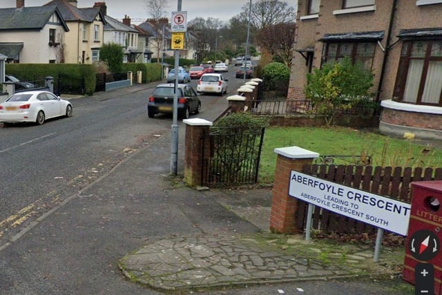 Aberfoyle Crescent (Corrán Obar Phuill). Aberfoyle was the name of a house belonging to John McFarland. (Bryson). In the Welsh language (Cymraeg) 'Aber' means 'mouth of' in place names. Possibly 'mouth of the Foyle'. In Irish 'Béal na' or 'Inver' is the cognate of 'Aber'.