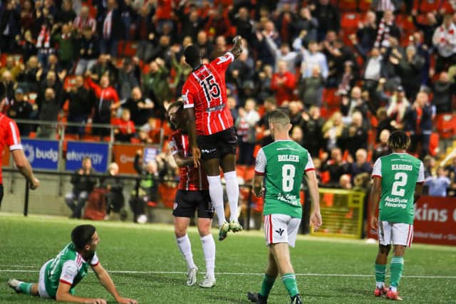 Derry City's Sadou Diallo jumps for joy after firing home against Cork City.