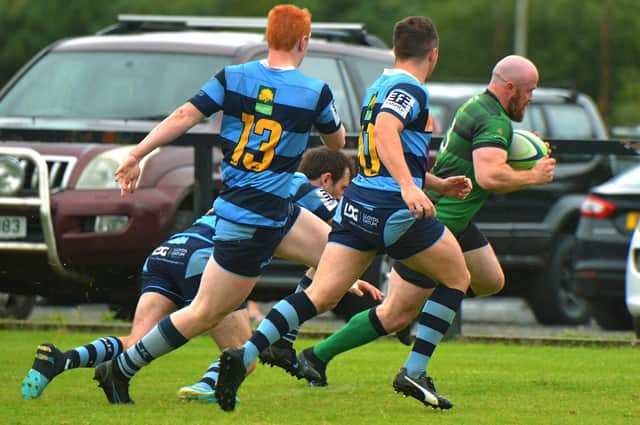 David Graham gallops towards the line to score a second half try for City of Derry against Dromore at Judges Road. (Photo: George Sweeney)