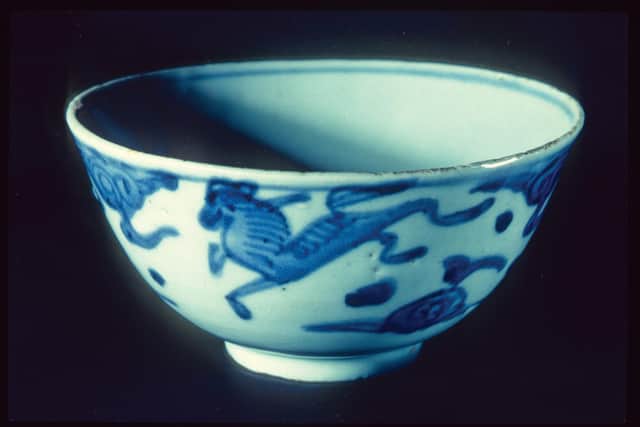 Chinese Ming Dynasty porcelain bowl, recovered intact from the wreck of the Spanish Armada ship La Trinidad Valencera in Kinnagoe Bay, Co. Donegal. The technology to produce porcelain did not reach Europe for another 150 years, so this was an immensely valued article for a Spanish nobleman. (Photo Colin Martin).
