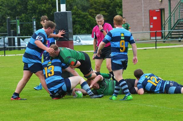 Callum O’Hagan scores a first half try for City of Derry against Dromore at Judges Road on Saturday afternoon last. Photo: George Sweeney.  DER2234GS –