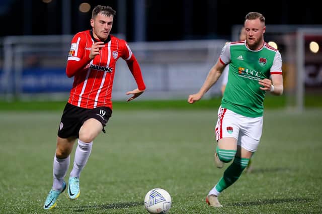 Derry City’s Ryan Graydon races away from Cork City left-back Kevin O’Connor.