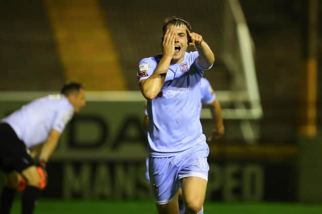 Derry City's Ryan Graydon runs away celebrating his late winner, at Shelbourne.