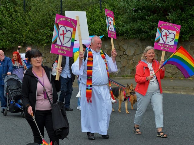 Members of the Open Episcopal Church at the Foyle Pride Parade in Derry on Saturday afternoon. Photograph: George Sweeney / Derry Journal. DER2234GS – 036