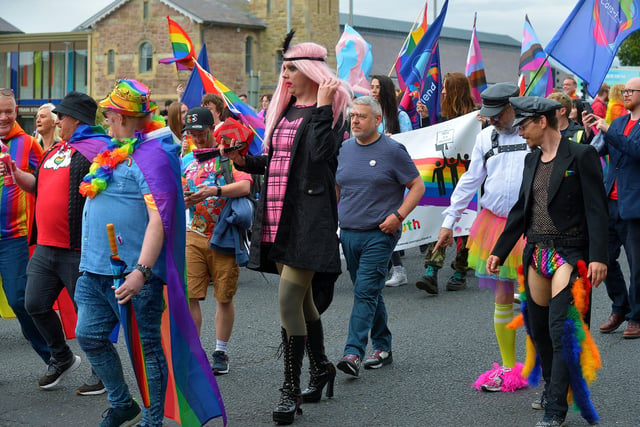 Revellers at the Foyle Pride Parade in Derry on Saturday afternoon. Photograph: George Sweeney / Derry Journal. DER2234GS – 037