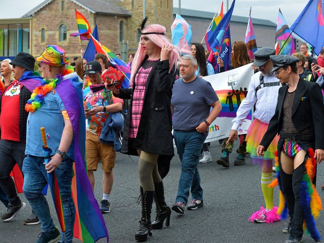Revellers at the Foyle Pride Parade in Derry on Saturday afternoon. Photograph: George Sweeney / Derry Journal. DER2234GS – 037