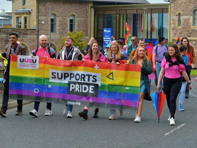 Representatives of Ulster University Students Union took part in the Foyle Pride Parade in Derry on Saturday afternoon. Photograph: George Sweeney / Derry Journal. DER2234GS – 039