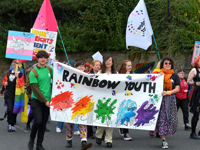 Rainbow Youth members participating in the Foyle Pride Parade in Derry on Saturday afternoon. Photograph: George Sweeney / Derry Journal. DER2234GS – 030