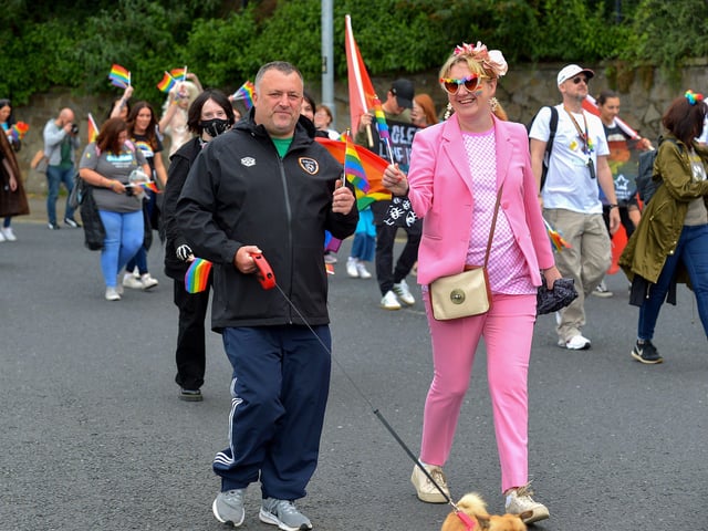 Colr. Gary Donnelly and Mary Durkan took part in the Foyle Pride Parade in Derry on Saturday afternoon. Photograph: George Sweeney / Derry Journal. DER2234GS – 031