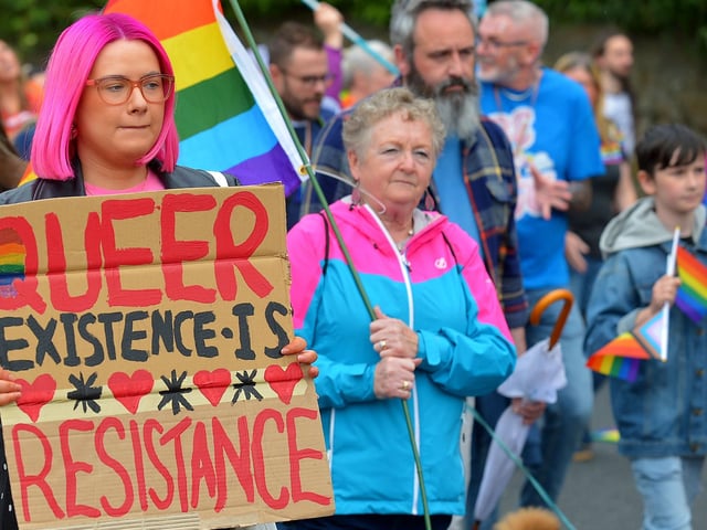 Revellers at the Foyle Pride Parade in Derry on Saturday afternoon. Photograph: George Sweeney / Derry Journal. DER2234GS – 034