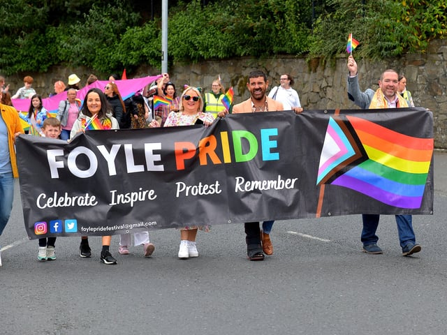 The Foyle Pride Parade makes its way along Duke Street in Derry on Saturday afternoon. Photograph: George Sweeney / Derry Journal. DER2234GS – 028