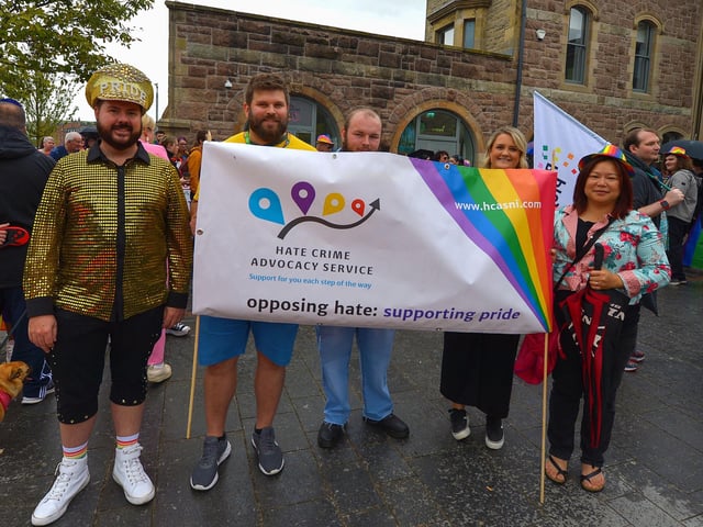 Hate Crime Advocacy Service members at the Foyle Pride Parade in Derry on Saturday afternoon. Photograph: George Sweeney / Derry Journal. DER2234GS – 014
