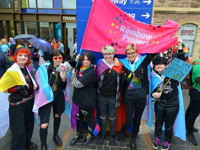 Members of the Rainbow Project at the Foyle Pride Parade in Derry on Saturday afternoon. Photograph: George Sweeney / Derry Journal. DER2234GS – 015