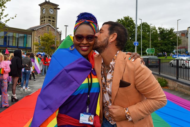 Colr. Lilian Seenoi-Barr and Mickey Doherty at the Foyle Pride Parade in Derry on Saturday afternoon. Photograph: George Sweeney / Derry Journal. DER2234GS – 017