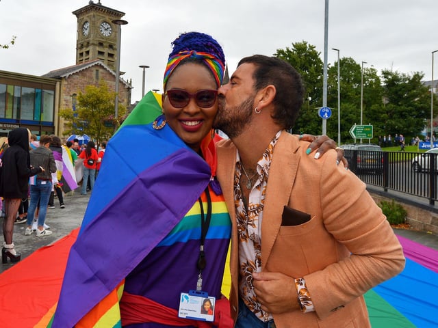 Colr. Lilian Seenoi-Barr and Mickey Doherty at the Foyle Pride Parade in Derry on Saturday afternoon. Photograph: George Sweeney / Derry Journal. DER2234GS – 017