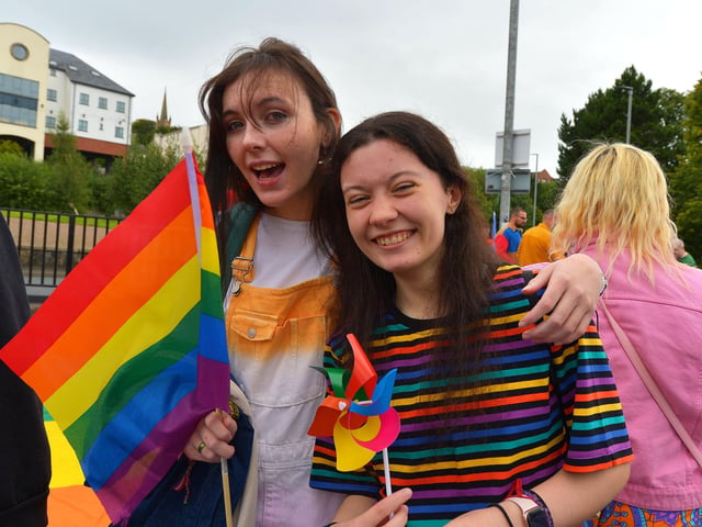 Revellers at the Foyle Pride Parade in Derry on Saturday afternoon. Photograph: George Sweeney / Derry Journal. DER2234GS – 018