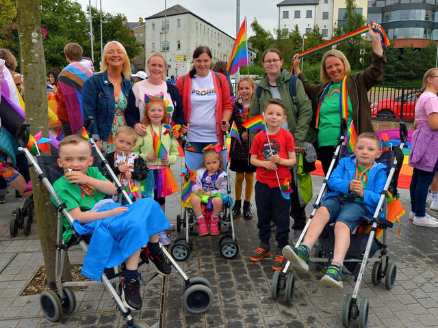 Revellers at the Foyle Pride Parade in Derry on Saturday afternoon. Photograph: George Sweeney / Derry Journal. DER2234GS – 019