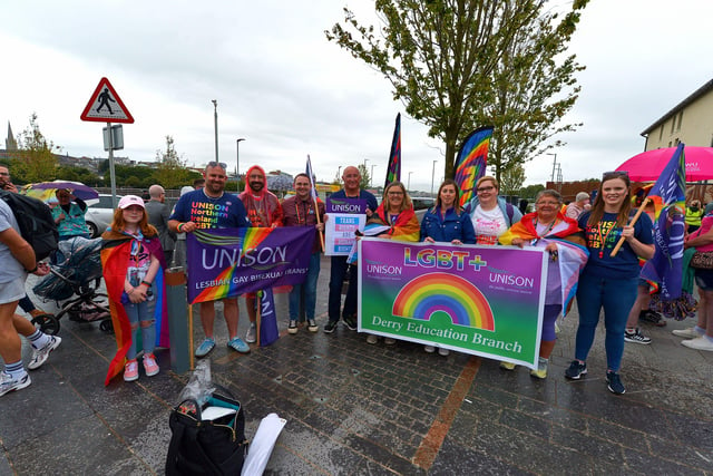 UNISON Derry Education Branch members took part in the Foyle Pride Parade in Derry on Saturday afternoon. Photograph: George Sweeney / Derry Journal. DER2234GS – 013
