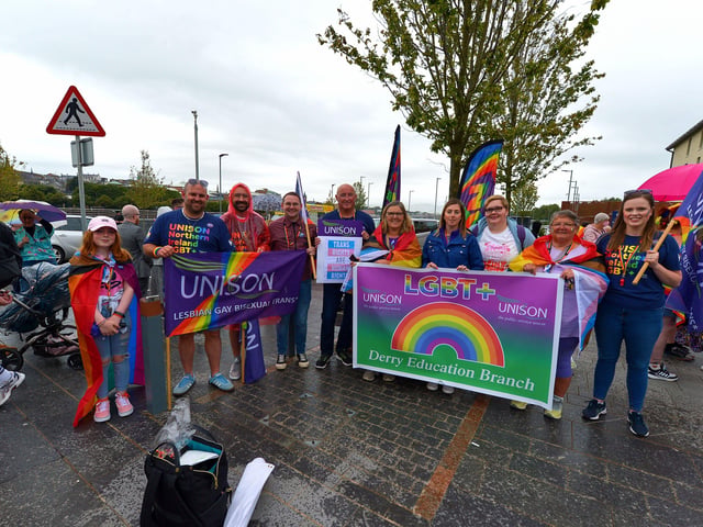 UNISON Derry Education Branch members took part in the Foyle Pride Parade in Derry on Saturday afternoon. Photograph: George Sweeney / Derry Journal. DER2234GS – 013