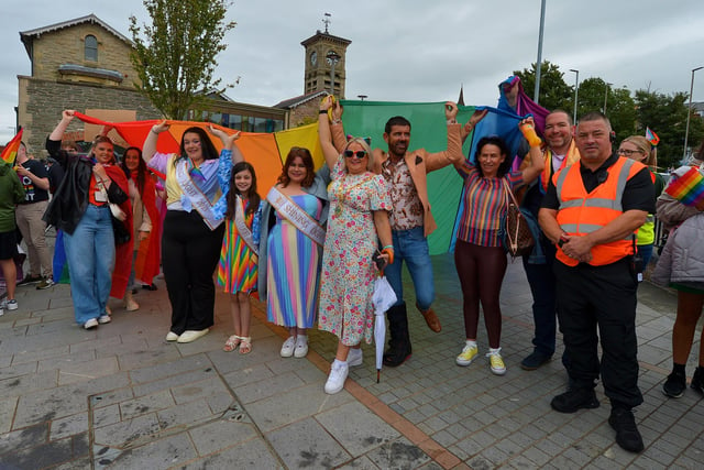 Mayor Sandra Duffy and Mickey Doherty with participants at the Foyle Pride Parade in Derry on Saturday afternoon. Photograph: George Sweeney / Derry Journal. DER2234GS – 024