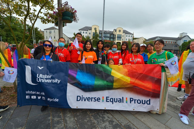 Students from Ulster University took part in the Foyle Pride Parade in Derry on Saturday afternoon. Photograph: George Sweeney / Derry Journal. DER2234GS – 020