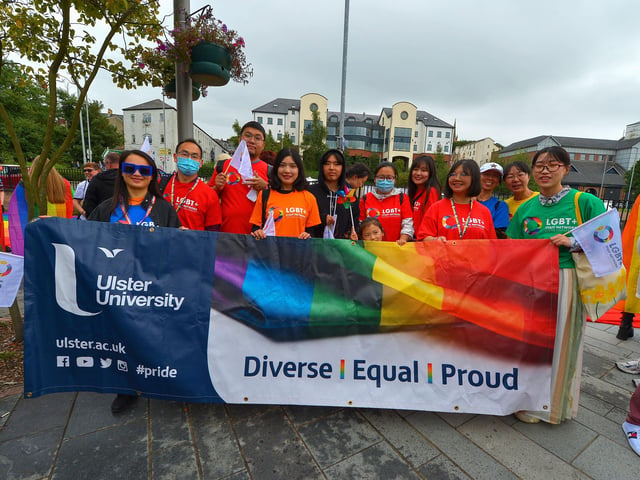 Students from Ulster University took part in the Foyle Pride Parade in Derry on Saturday afternoon. Photograph: George Sweeney / Derry Journal. DER2234GS – 020