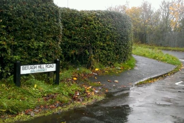 Beragh Hill Road (Bóthar Chnoc Bearach). Beragh Hill may be derived from 'bearach' meaning 'a heifer'. However, it could also be from 'biorach' - 'place of points'.