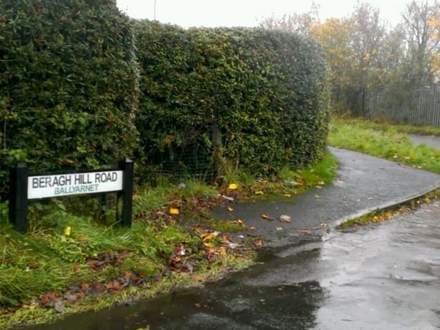 Beragh Hill Road (Bóthar Chnoc Bearach). Beragh Hill may be derived from 'bearach' meaning 'a heifer'. However, it could also be from 'biorach' - 'place of points'.