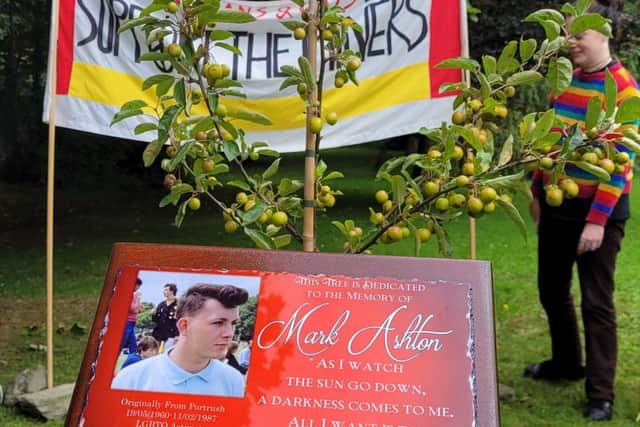 A crab apple tree was planted in St Columb's Park House in memory of Mark Ashton, a founding member of Lesbians and Gays Support the Miners, which supported the Miners strike of 1984-1985. Mark was from Portrush but moved to London to escape homophobic discrimination in the north at the time.