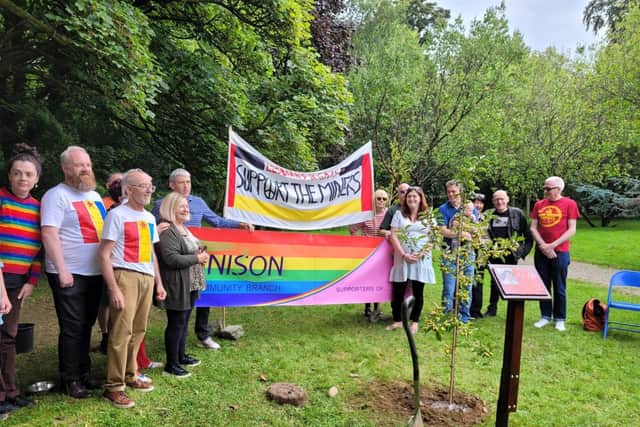 Members of Unison and Independant Pride Derry, who planted a tree in St Columb's Park House gardens in memory of Mark Ashton. Pictured also is Mike Jackson, a friend of Mark's who also set up Lesbians and Gays Suppor teh Miners, and Bernadette Devlin McAliskey.