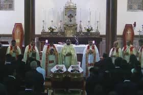 Reverend Father Clement Padathiparambil, National Co-ordinator, Syro-Malabar Church, Ireland, celebrates the Funeral Mass of Joseph Sebastian and Reuven Joe Simon at St. Mary's, Ardmore.