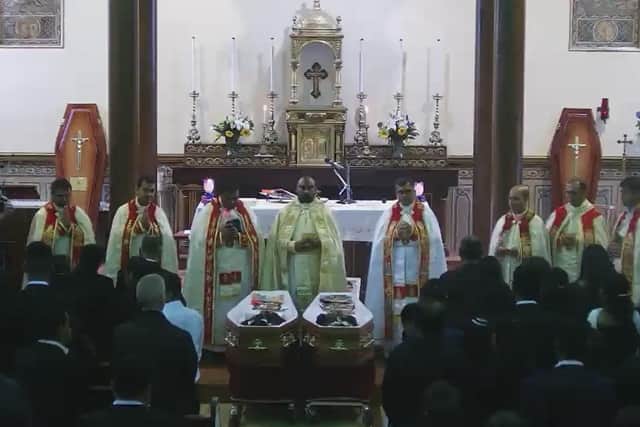 Reverend Father Clement Padathiparambil, National Co-ordinator, Syro-Malabar Church, Ireland, celebrates the Funeral Mass of Joseph Sebastian and Reuven Joe Simon at St. Mary's, Ardmore.